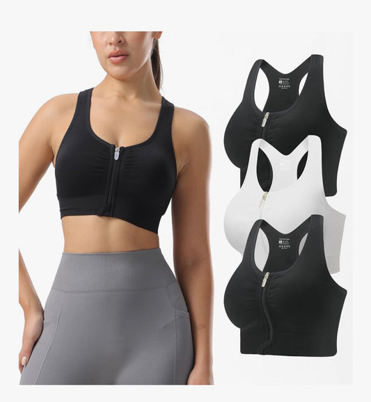 Zip Front Sports Bras for Women-Raceback Medium Support Padded Bra for Workout Yoga Gym Running