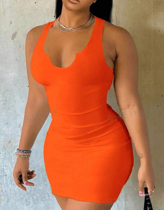 Casual Minimalist Orange Sleeveless Cutout V-Neck Fitted Mini Dress For Women, Summer