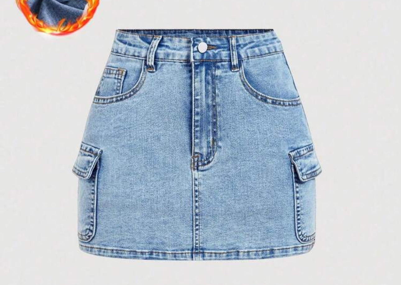 SHEIN MOD Women's Autumn/Winter Cargo Pockets Thermal Lined Casual Denim Mini Skirt