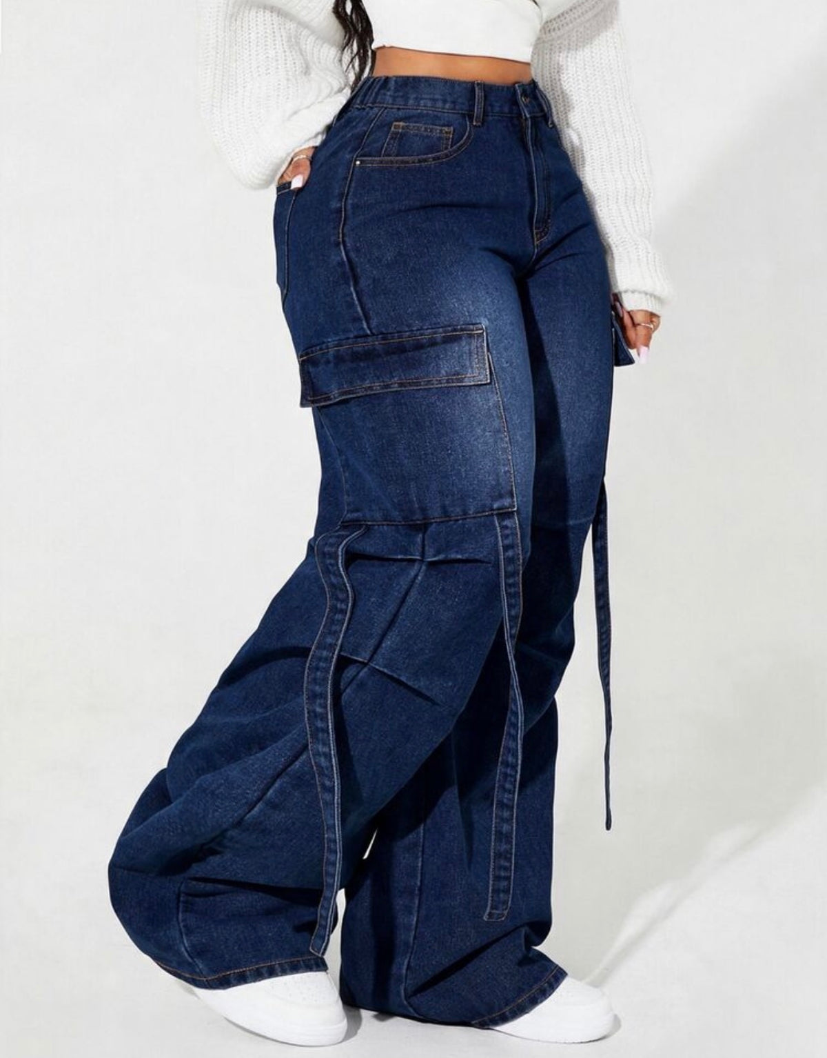 [76% Cotton] Jeanoix Plus Size Women's Cargo Pocket Wide Leg Loose Casual Denim Jeans