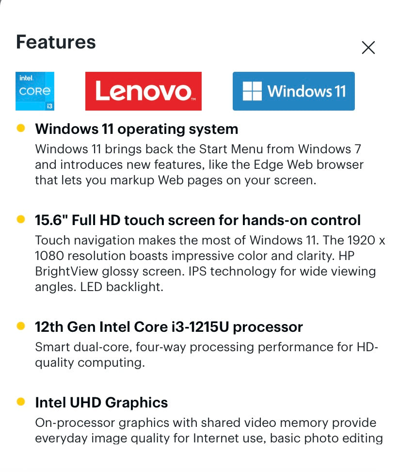 Lenovo Ideapad 1i 15.6" FHD Touch Laptop - Intel Core i3-1215U with 8GB Memory - Intel UHD Graphics - 256GB SSD (New)