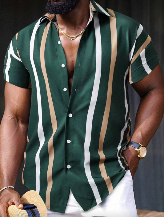 Manfinity Homme Men Striped Print Shirt, Green And Gold Shirt Men, Men Striped Shirt, Vertical Striped Shirt Men
