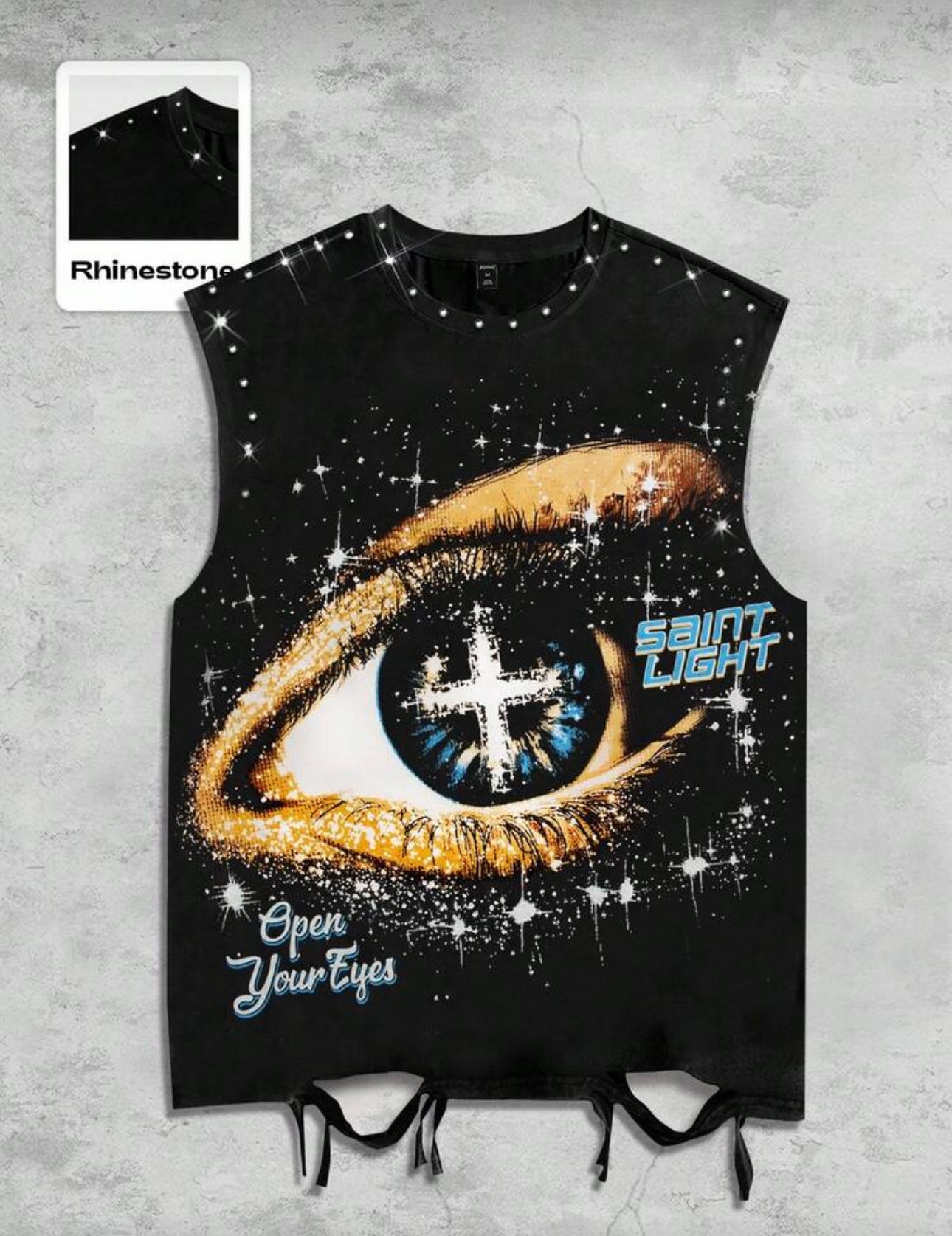 ROMWE MEN Grunge Punk Punk Street Style Graphic Print Sleeveless Crew Neck Tank Top With Rhinestone Distressed Design For Men, Summer