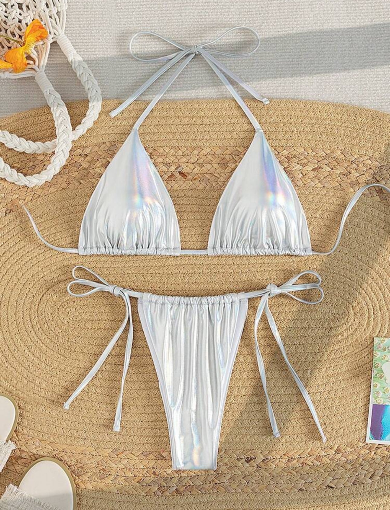 Swim Summer Beach Metallic Halter Triangle Tie Side Bikini Set