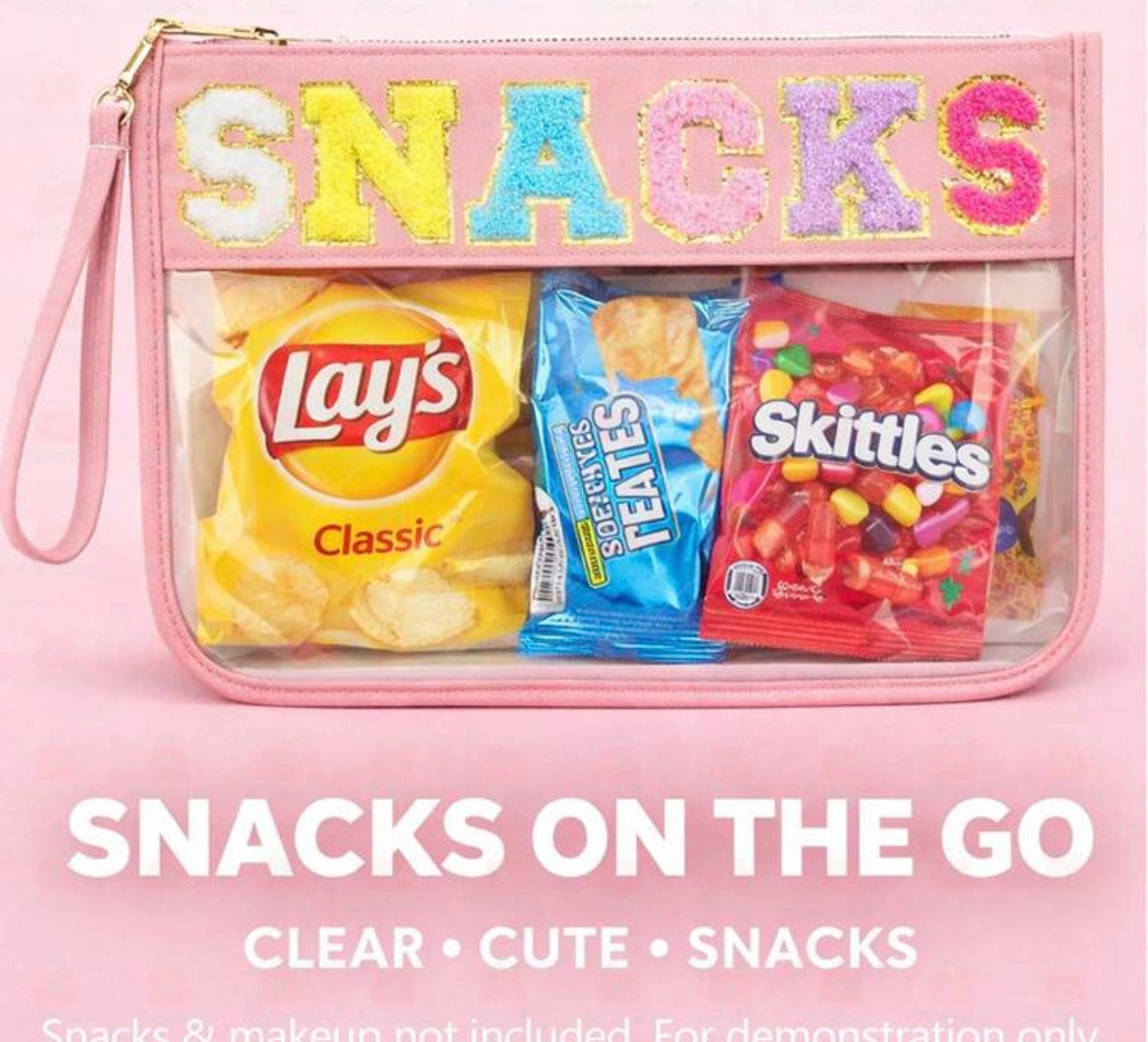 Large Capacity Clear Snack Organizer Bag With Chenille Letter Patch, Stadium Approved Transparent Wristlet Cosmetic And Travel Essentials Storage Bag