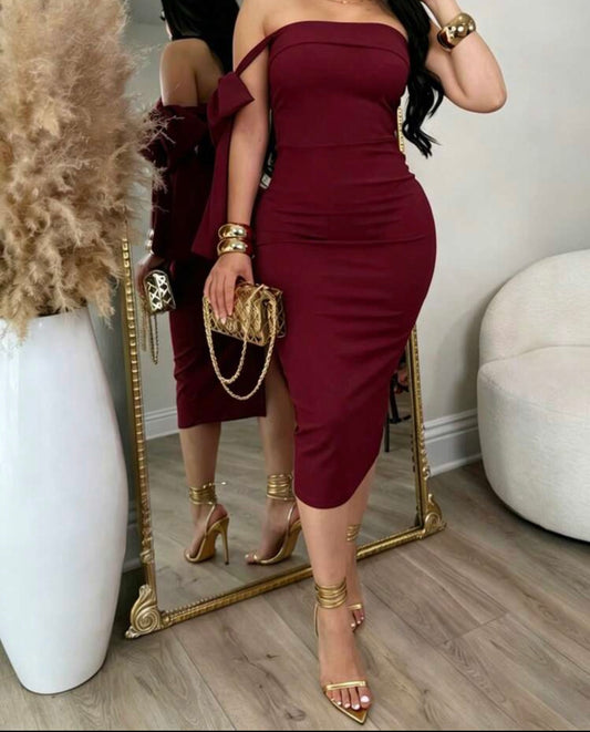 Women's Burgundy Sexy Strapless Fitted Mini Summer Dress, Decorated With Bow, Sleeveless Knit Fabric, Elegant Party And Nightclub Outfit
