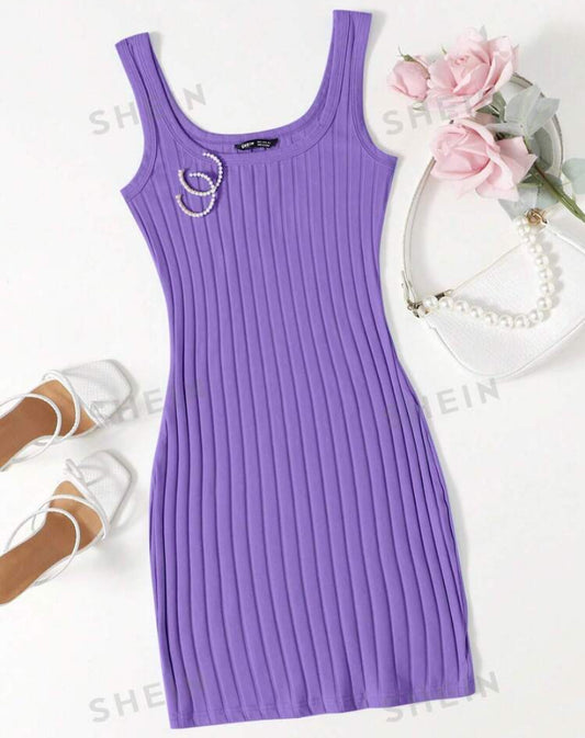 SHEIN Essnce Women's Solid Color Ribbed Knit Dress