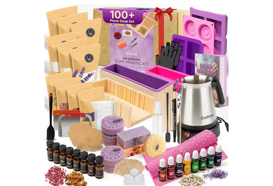 CraftZee 𝗦𝗨𝗣𝗘𝗥 𝗗𝗘𝗟𝗨𝗫𝗘 Soap Making Kit - All-in-One Soap Making Supplies with 6lbs Soap Base, 8 Dyes, 8 Essential Oils, Silicone Molds, Cutters, All Essential Tools & Instructions