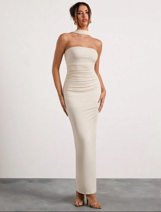 Glamine Beige Color Off The Shoulder Ruched Halterneck Maxi Dress,Holiday Party Carnival Dress,Date Night Outfits,Women Birthday Outfits,Valentine's Day Dress, Women Dresses Champagne Tube Dress