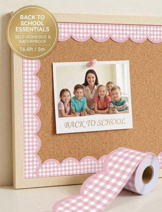 16.4ft Pink Plaid Self-Adhesive Bulletin Board Frame With Elegant Wavy Edge Design, Suitable For Classroom, School, Office And Home Wall Decor, Beautiful Checkered Pattern