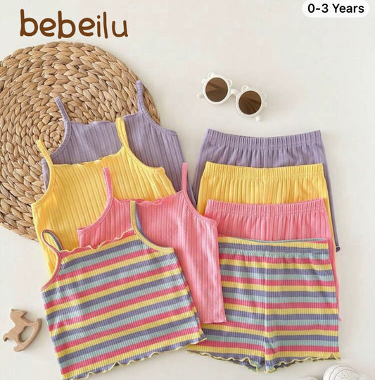This 8-Piece Baby Girl Casual And Simple Striped Tank Top And Shorts Set Is Perfect For Spring And Summer, Suitable For Various Occasions Such As .