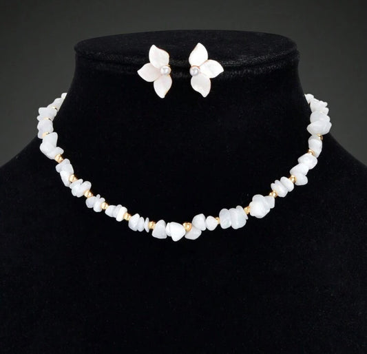 3pcs Boho Summer Handmade Asymmetrical Stone Collar Necklace White Petal Stud Earrings Women Daily Jewelry Set