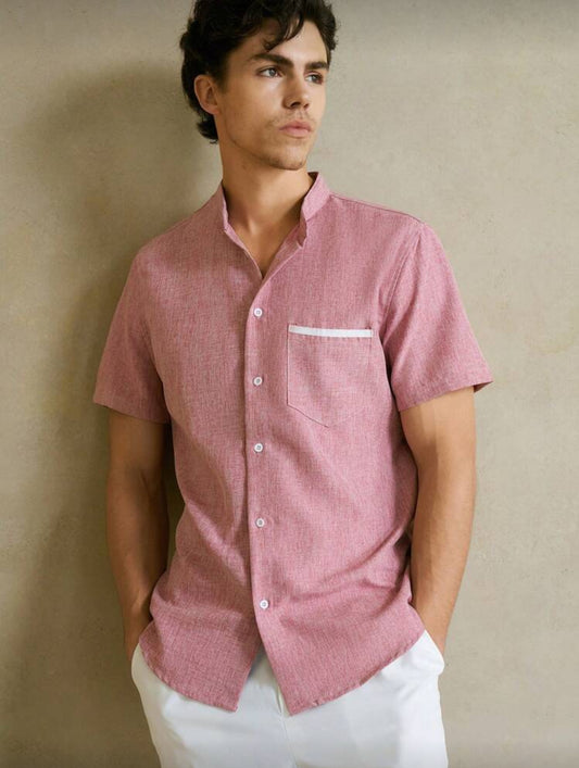 HIMLAND Men Mock Neck Button Front Short Sleeve Shirt, Old Money