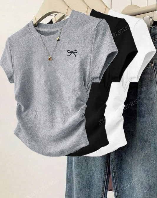 3pcs Women Casual Slim Butterfly Print Detail Ruffle Solid Color Round Neck Short Sleeve T-Shirt Set