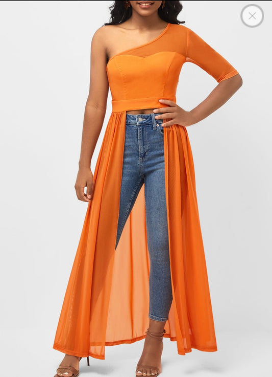 Fabric Stitching Skew Neck Orange Blouse  Rosewe®