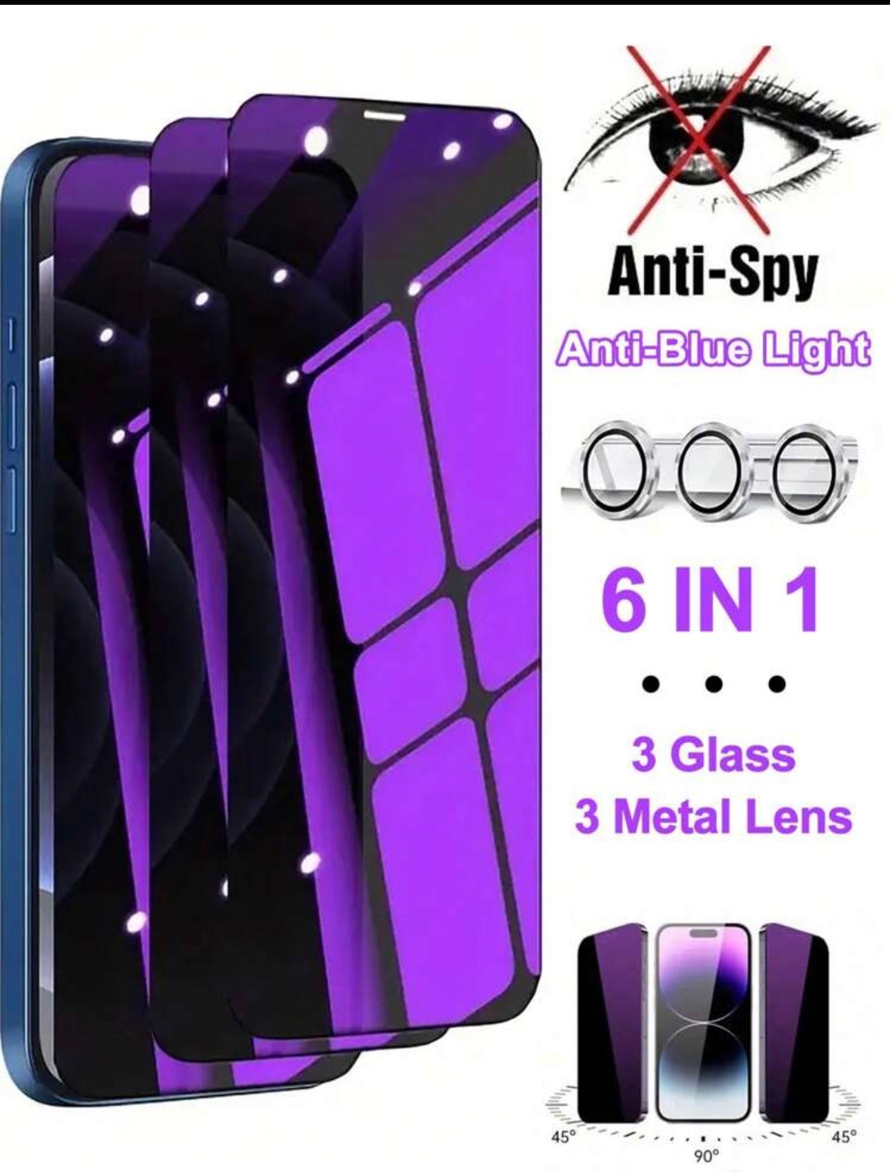 [6 IN 1] 3 Pcs Purple Screen Glass + 3 Pcs Metal Lens Anti-Blue Light Privacy Screen Protector Compatible With Iphone Compatible With IPhone 16/16 Plus/16 Pro/16 Pro Max/15/15Pro/15 Plus/15 Pro Max Gift For Birthday, Family, Friends Tempered Glass, Anti-S