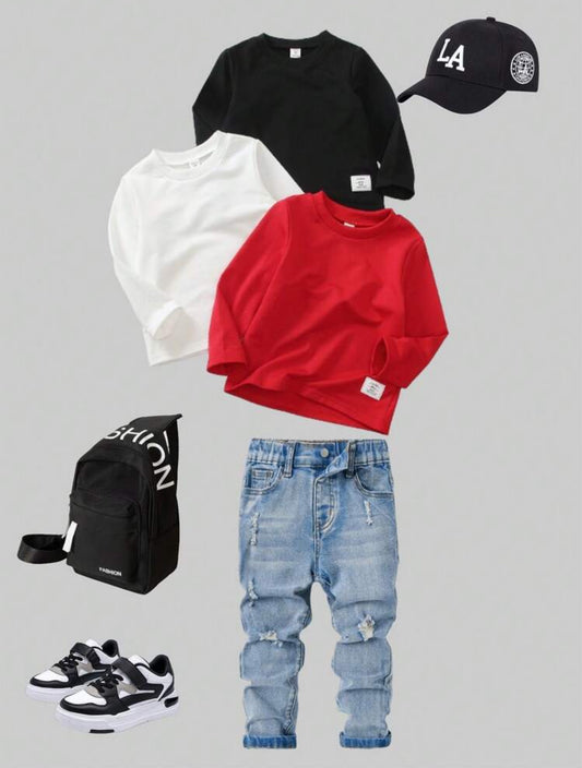 3pcs/Set Young Boy Buy 1 Get 2 Round Neck T-Shirts With Letter Patched, Simple And Fashionable Style. Soft Clothes Suitable For Spring And Autumn, Daily Casual Wear Of 4-7 Years Old