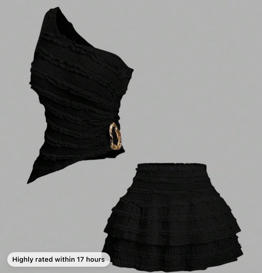 Sweetra Sexy Outfit - Asymmetric Neck Top + Peplum Mini Skirt