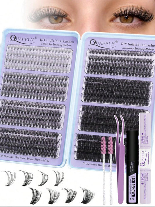 QUAFFLY 8 Style Lash Kit, 616 Pcs D Curl 10-16mm, Multiple Individual Eyelash Types With Lash Bond And Seal, Lash Remover, Lash Tweezers, DIY At Home
