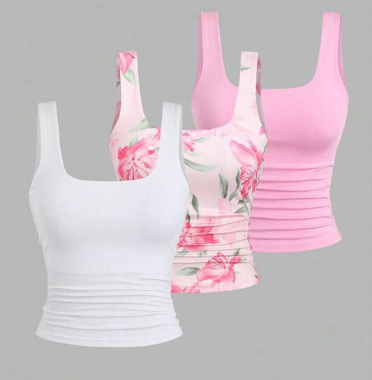 Sweetra Women's Summer Square Neck Ruched Slim Fit Casual Camisole Pink Spring