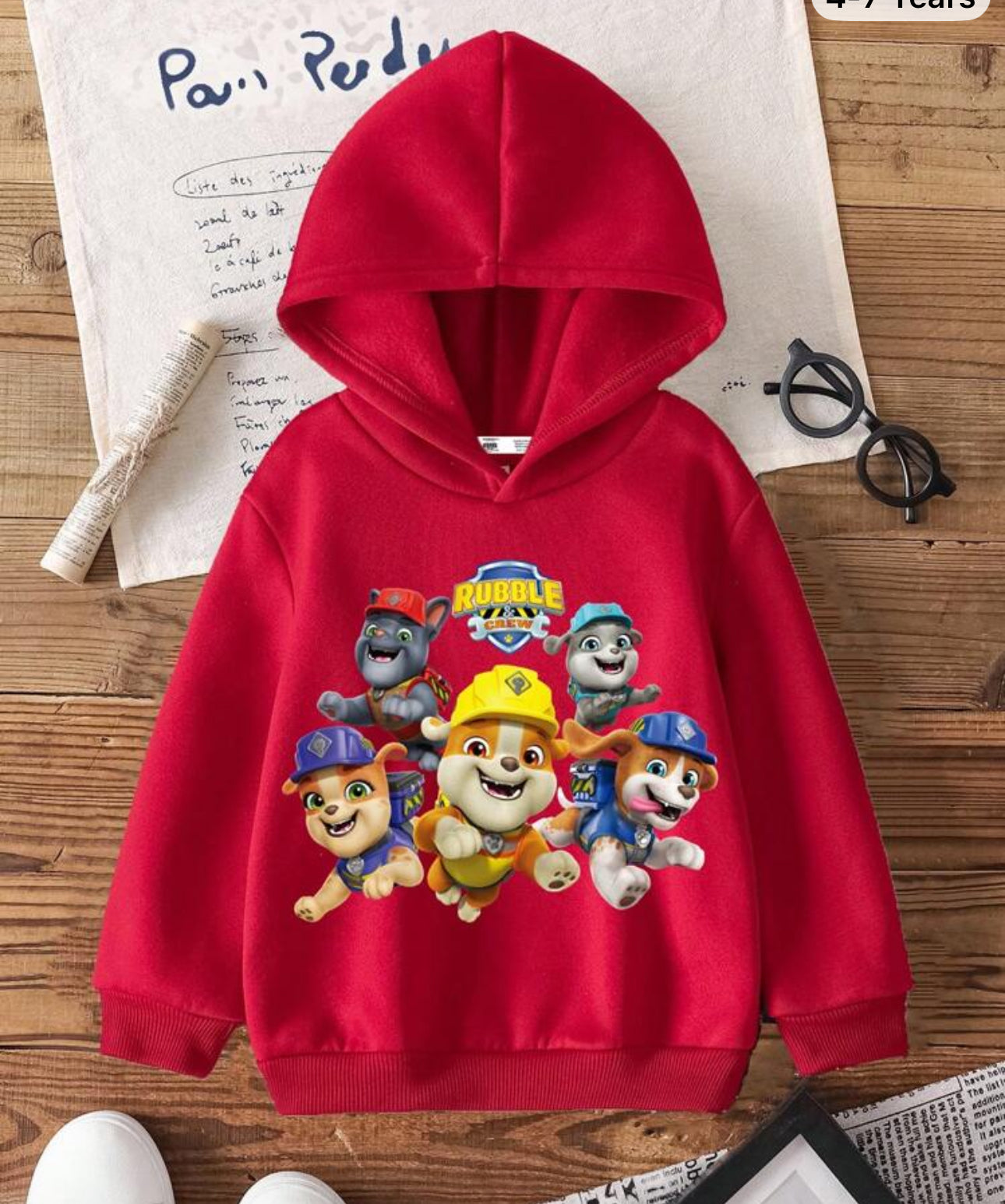 Rubble X SHEIN Young Boy Cartoon Pattern Red Long Sleeve Hoodie Fall Winter