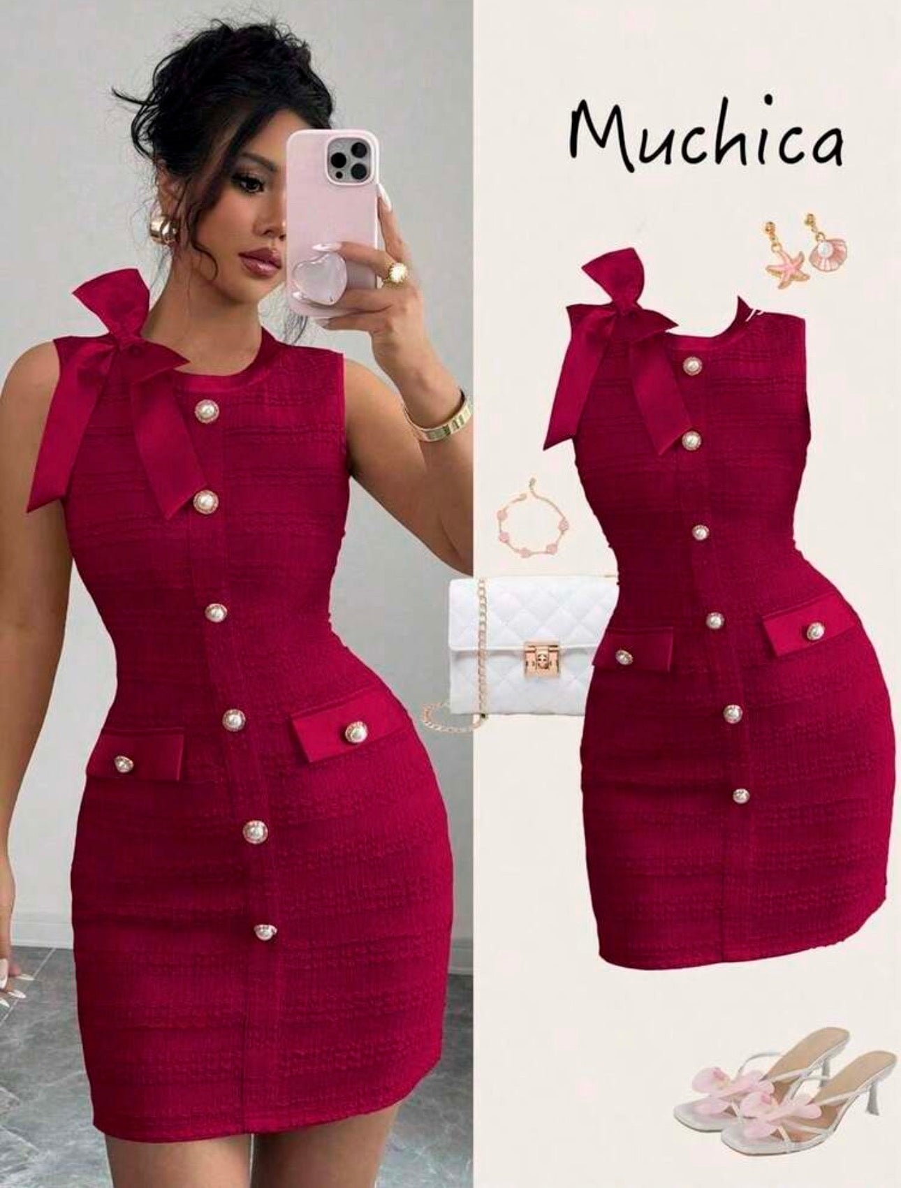 Bow Knit Fabric Metallic Pearl Button Elegant French Satin Front Back Elastic Fitted Mini Dress, Spring Summer Early Autumn