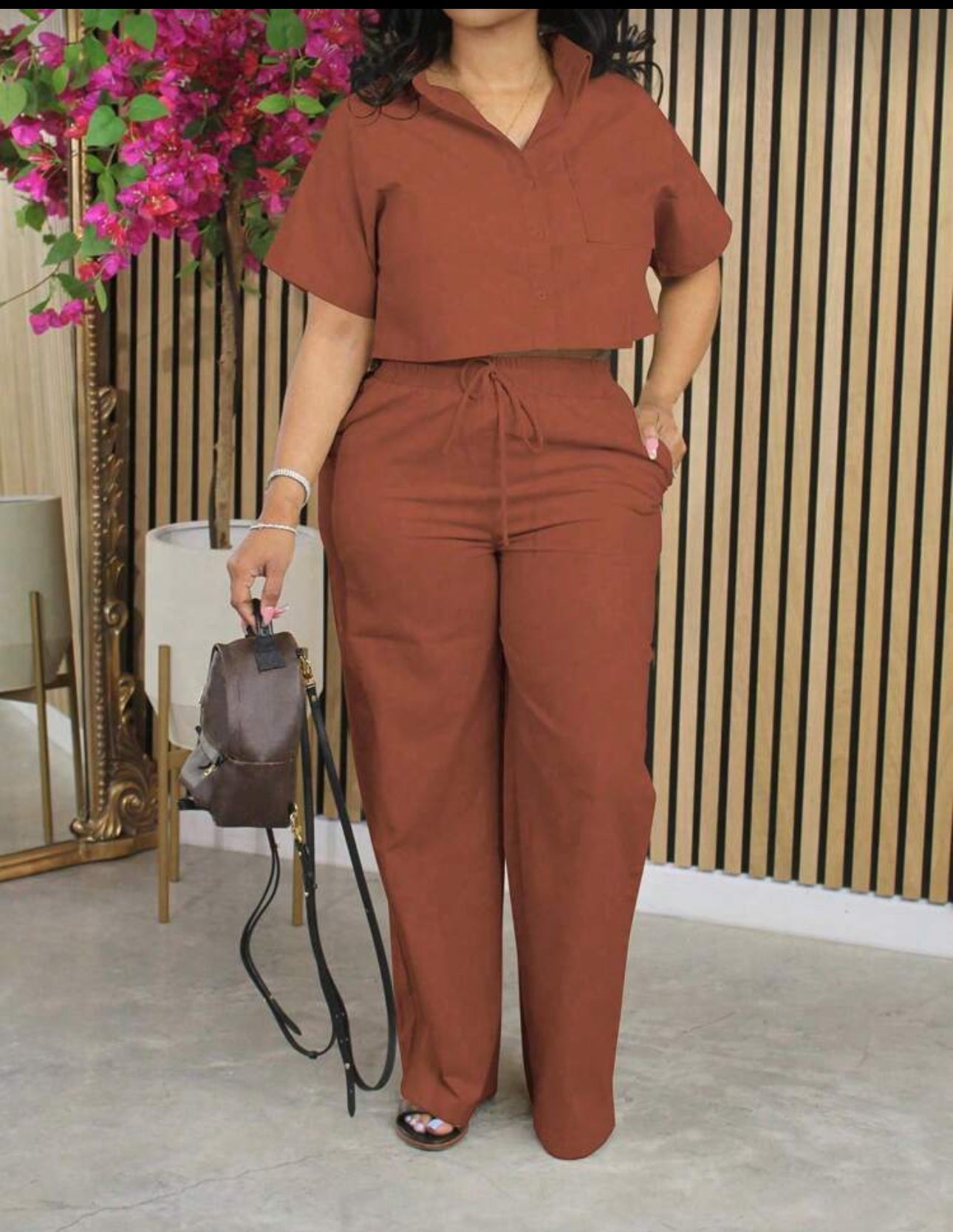 2pcs/Set Linen Casual Outfit, Short Sleeve Shirt Top & Wide Leg Pants, Autumn