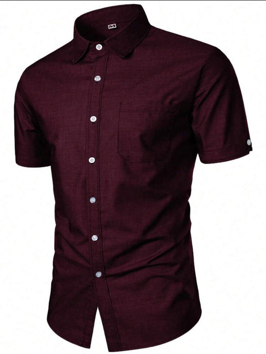 Men's Fashion Texture Solid Color Short Sleeve Shirt With Lapel Collar And Front Button Closures