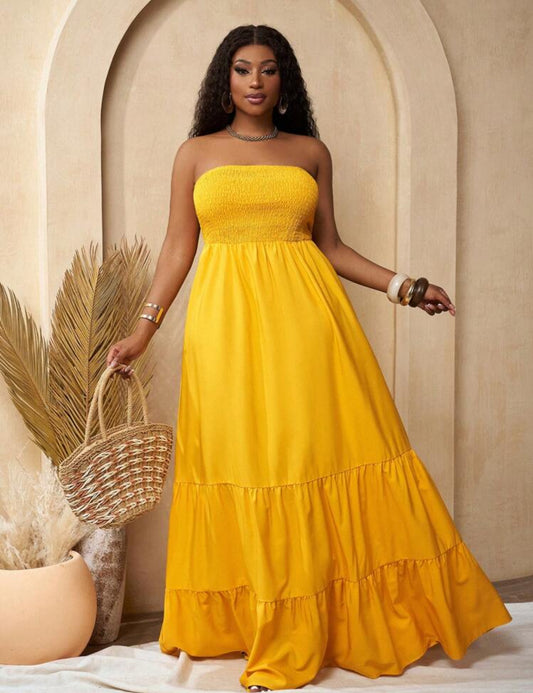 Slaydiva 2025 Spring/Summer New Arrival Plus Size Women Solid Color Halter Ruffled Hem Vacation Dress,Beach Dress Sundress,Holiday Outfits Boho