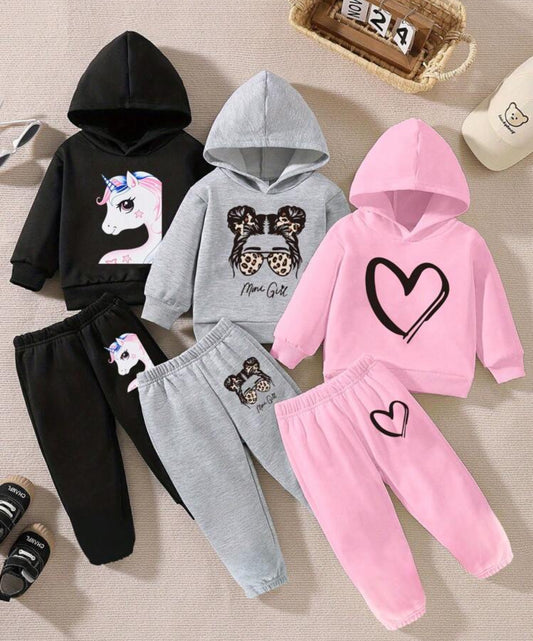Baby Girls Casual Fashion Heart Silhouette & Cartoon Pony Print Fleece Hoodie Sweatshirt + Sweatpants 2pcs Set
