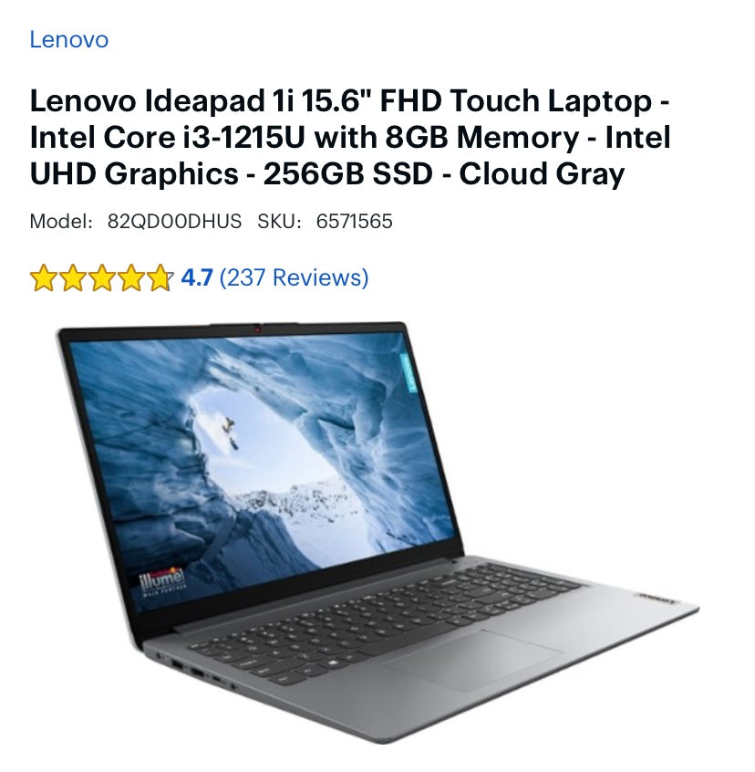 Lenovo Ideapad 1i 15.6" FHD Touch Laptop - Intel Core i3-1215U with 8GB Memory - Intel UHD Graphics - 256GB SSD (New)