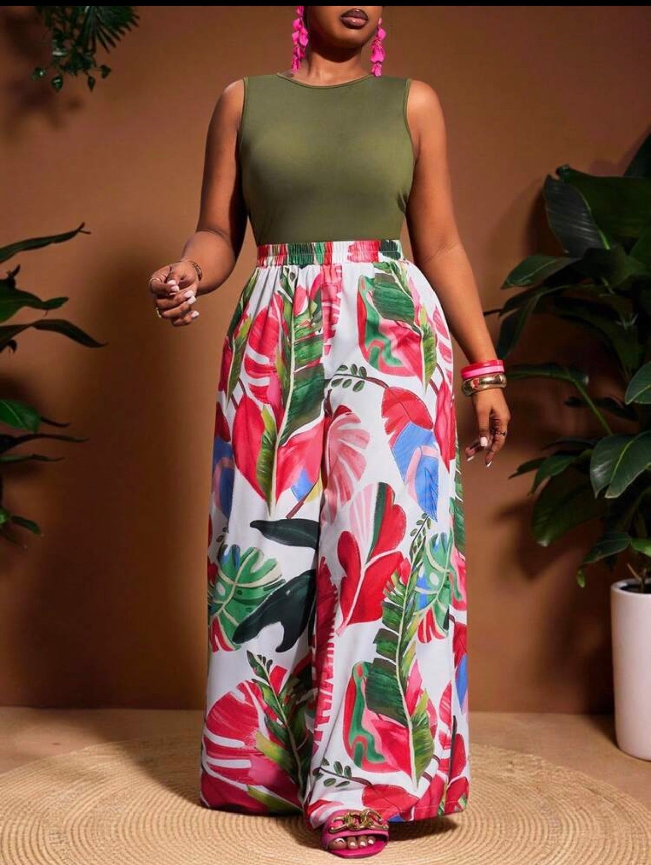 Slaydiva Women Plus Size 2-Piece Set,Summer Holiday Vacation Army Green Sleeveless Top & Tropical Plant Print Wide Leg Extra Long Pants Bohemian Daily Outfits