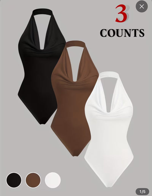 [Backless Bodysuits] Women's 3pcs V-Neck Halter & Backless Bodysuits - Solid Colors, Slit-Up Design, Comfortable & Versatile for All Seasons, Perfect for Layering or Solo Wear, Casual Chic Outfit | Backless Design | Nontransparent Materia