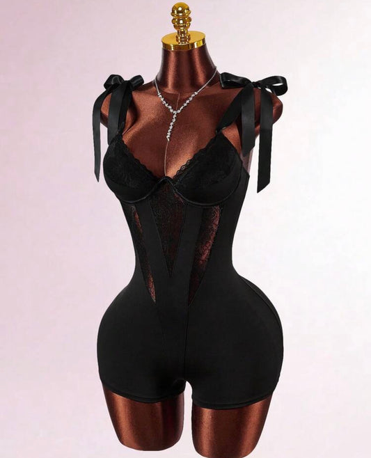 Amplova Y2K Women's Lace Patchwork Bow Tie Sleeveless Slim Fit Jumpsuit Black Summer Seksi Chic Party Romper Mesh Bodysuit Gothic Vacation Outfits