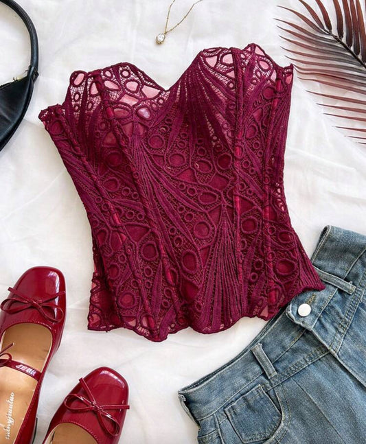 Soleia Women's Sexy Lace Corset Bustier, European And American Style, Hollow Out Embroidered Bodysuit, Wine Red