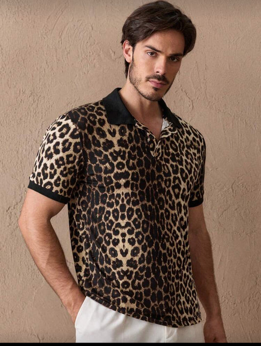Manfinity VCAY Men Leopard Print Half Button Collar Vintage Polo Shirt, Boyfriend Gift