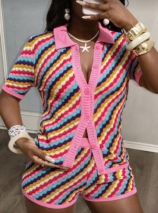 Slaydiva 2025 New Summer Leisure Vacation Street Daily Dating Lapel Shirt Collar Open Placket Colored Diamond Pattern Shirt-Style Sweater + Slim Shorts Women's Sweater Two Pieces Set-A Two Pieces Set Women Multicolor Women 2 Pieces Sets Summer Crochet Two