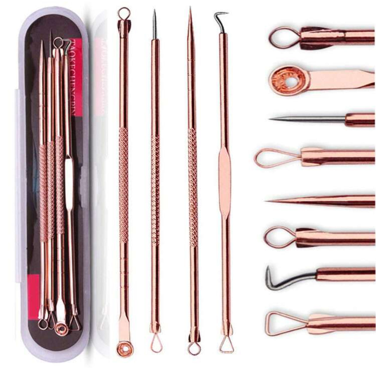Blackhead Remover & Comedone Extractor Tool Kit, 4pcs/Set Rose Gold Stainless Steel Pimple & Whitehead