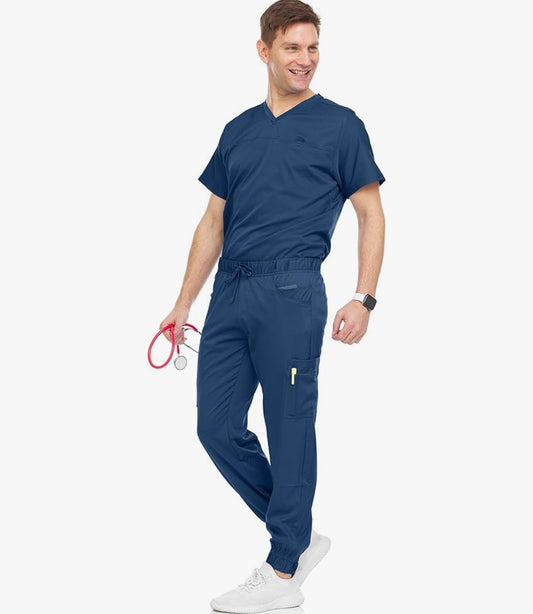 Medichic Men's Workwear Stretch V-Neck Scrub Joggers Set with Seven-Pocket Pants, Available in 6+ Colors