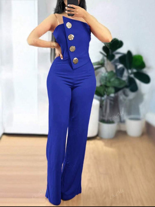 ChicMe Asymmetrical Bandeau Strapless Jumpsuit Metal Button Decor Casual Overalls