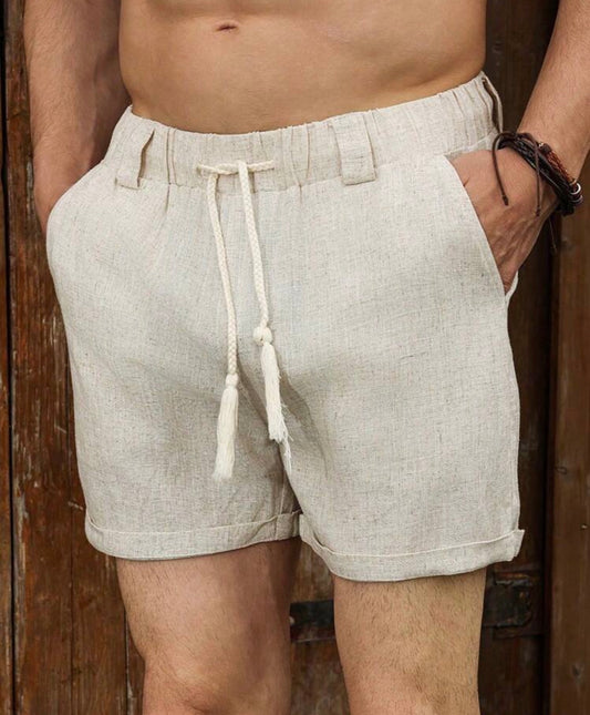 VENTUSAIL Men's Light Beige Summer Casual Shorts,Drawstring Waist Loose Linen Plain Boho Shorts For Vacation,Holiday,Fashionable Solid Color All Match Shorts