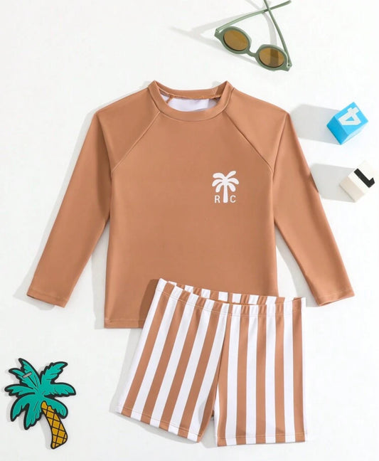 2pcs Young Boys Fashion Casual Swimwear Set, Striped Swim Trunks + Solid Color Rash Guard For Swimming, Beach Vacation