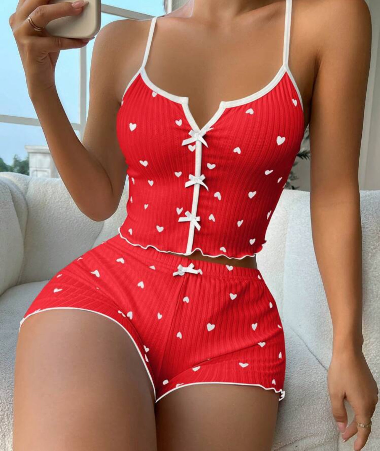 Women Heart Pattern Spaghetti Strap Top And Shorts Casual Sleepwear Set