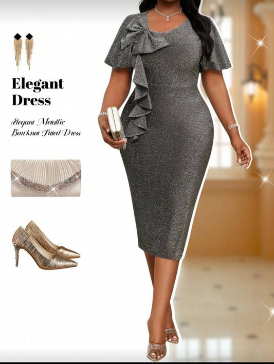 Fleurora Plus Size Elegant Metallic Bowknot Decor Fitted Dress