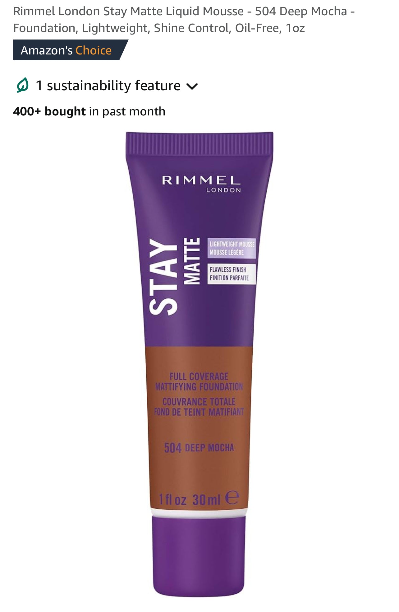 Rimmel London Stay Matte Liquid Mousse - 504 Deep Mocha - Foundation, Lightweight, Shine Control, Oil-Free, 1oz