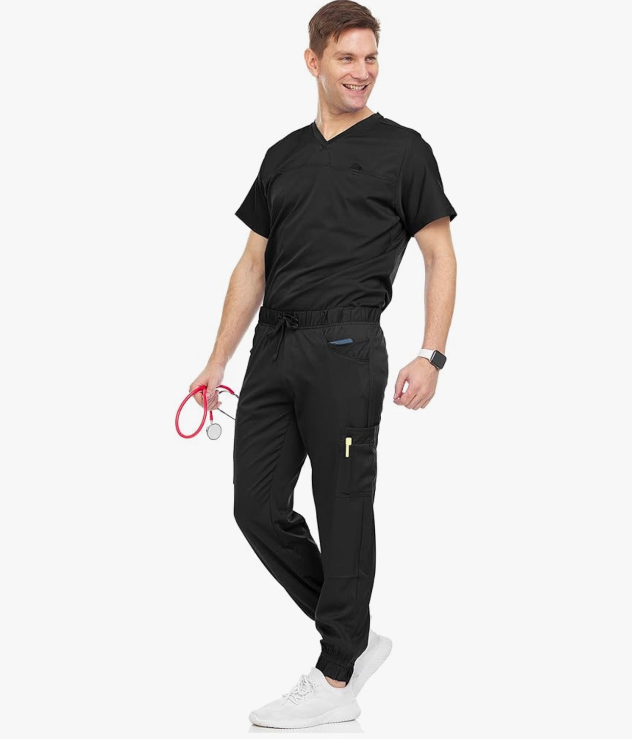 Medichic Men's Workwear Stretch V-Neck Scrub Joggers Set with Seven-Pocket Pants, Available in 6+ Colors