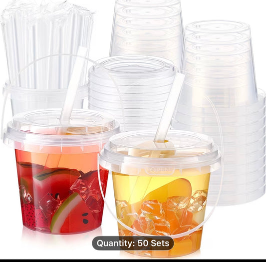 [Clear Plastic Cups] 50 Set Clear Plastic Cups 24 Oz | Ice Cream Buckets With Lids And Straws, Disposable Drink Cups, Cocktail Pails With Handles For Outdoor, Holiday, Travel, Beach, Birthday, Pool Party Supplies