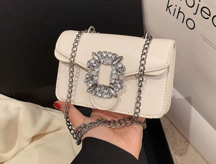 Mini Rhinestone Decoration Shoulder Bag, Fashionable PU Flap With Metal Chain Strap Clutch For Women