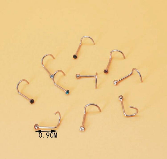 10pcs Random Color Crystal Rhinestone Basic Stainless Steel Nose Studs For Women