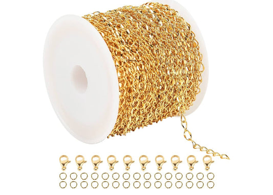 UMAOKANG 32.8 Feet Gold Chains for Jewelry Making, 316 Stainless Steel Extender Chain Links for Necklace Bracelet Making with 10pcs Lobster Clasps and 30pcs Jump Rings 
 https://a.co/d/2JFdDLK